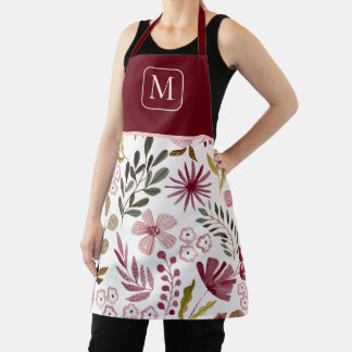 Watercolor Floral Burgundy & Pink Monogrammed Schürze