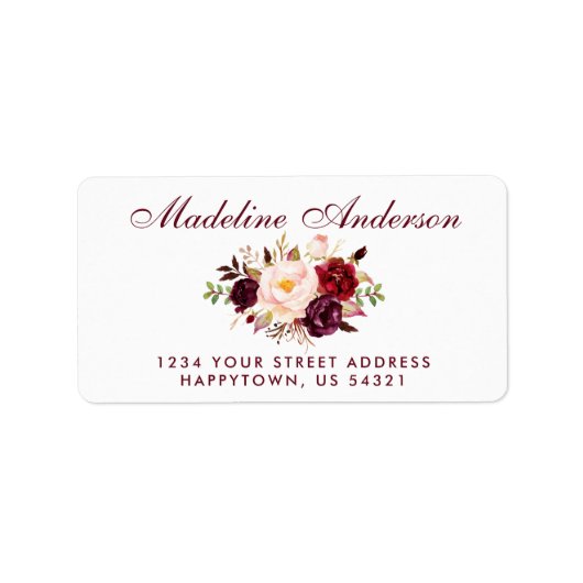 Watercolor Floral Burgundy Script-Adresse Adressaufkleber (Vorne)