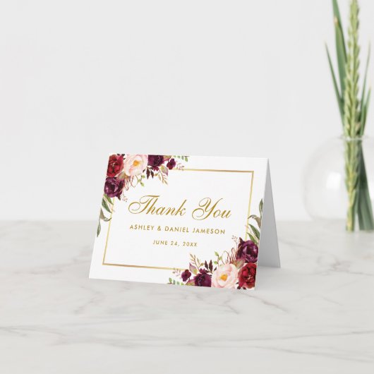 Watercolor Floral Burgundy Wedding Danke Hinweis (Vorderseite)