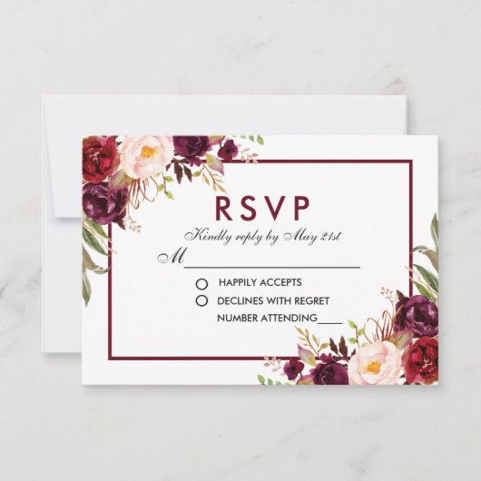 Watercolor Floral Burgundy Wedding RSVP (Vorderseite)