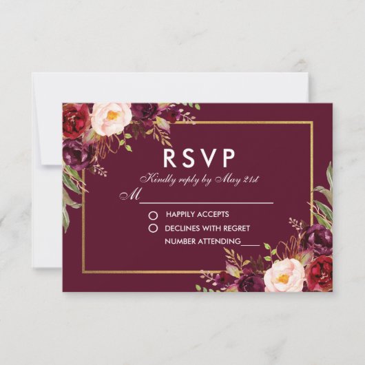 Watercolor Floral Burgundy Wedding RSVP BG (Vorderseite)