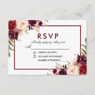 Watercolor Floral Burgundy Wedding RSVP Karte