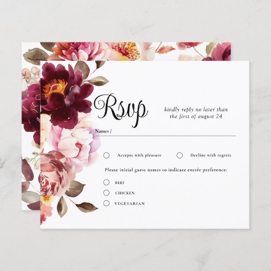 Watercolor Floral Burgundy Wedding RSVP Karten (Vorne/Hinten)