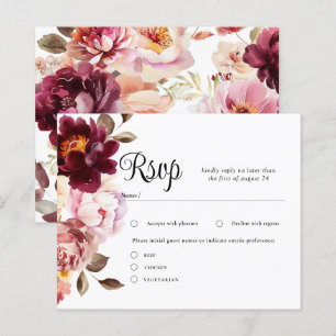 Watercolor Floral Burgundy Wedding RSVP Karten