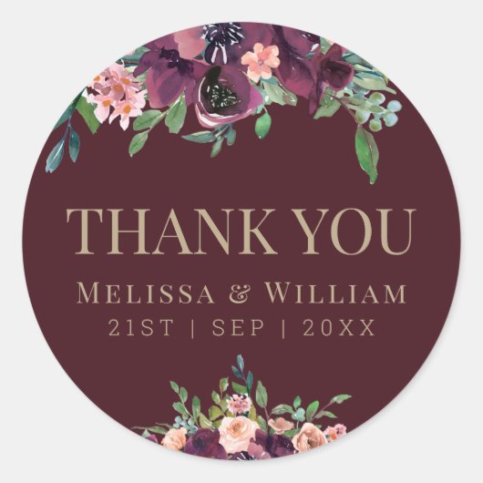 Watercolor Floral Burgundy Wedding Vielen Dank Runder Aufkleber (Vorderseite)