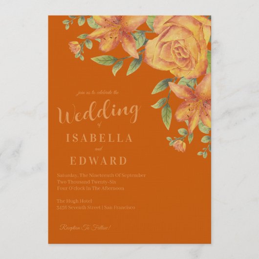 Watercolor Floral Burnt Orange Wedding Einladung (Vorderseite)
