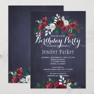 Watercolor Floral Chic Winter Navy Geburtstagspart Einladung
