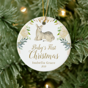 Watercolor Floral Deer Baby's First Christmas Keramik Ornament