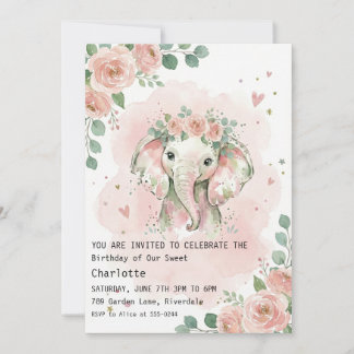 Watercolor Floral Elephant Girl Birthday Einladung