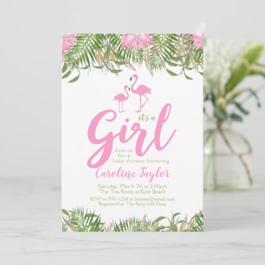 Watercolor Floral Flamingo Kinderdusche Einladung (Stehend Vorderseite)