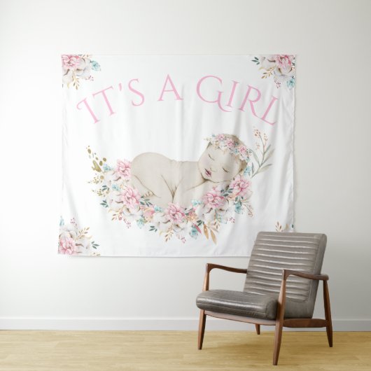 Watercolor Floral Girl Babydusche Backbanner Wandteppich (Beispiel (Horizontal))