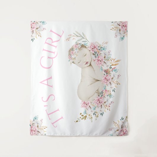 Watercolor Floral Girl Babydusche Backbanner Wandteppich (Vorderseite)