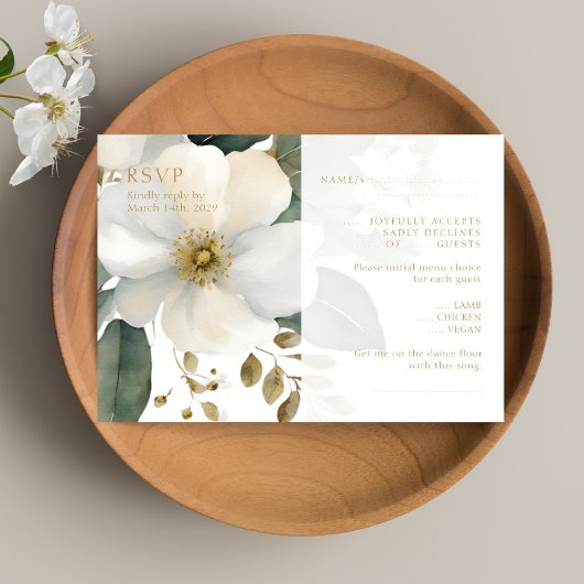 Watercolor Floral Gold Foliage Wedding RSVP Card