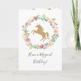 Watercolor Floral Gold Magical Unicorn Birthday Karte