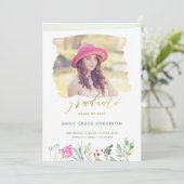 Watercolor Floral Gold Script Foto Abschluss Ankündigung (Stehend Vorderseite)