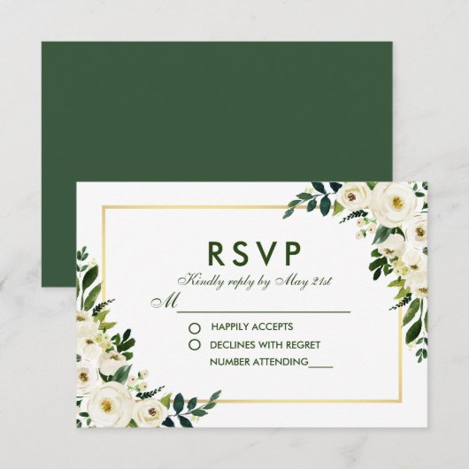 Watercolor Floral Green Wedding RSVP GSB Karte (Vorne/Hinten)