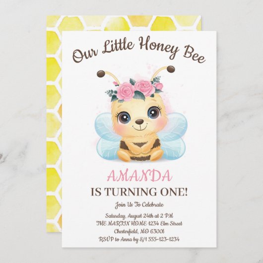 Watercolor Floral Honey Bee Birthday Party Einladung (Vorne/Hinten)