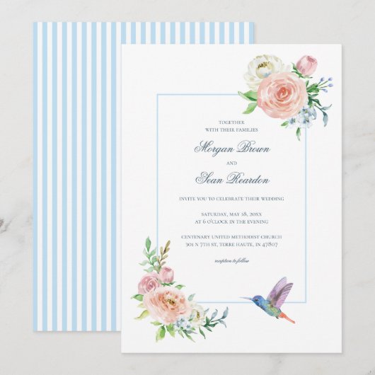 Watercolor Floral Hummingbird Seersucker Wedding Einladung (Vorne/Hinten)