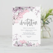 Watercolor Floral Lilac Pink Splash Skript Hochzei Einladung (Stehend Vorderseite)