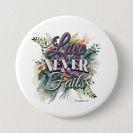 Watercolor Floral Love Never Fails Scripture Button