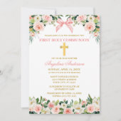 Watercolor Floral Pink Bow Gold Communion Einladung (Vorderseite)