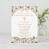 Watercolor Floral Pink Bow Gold Communion Einladung (Stehend Vorderseite)
