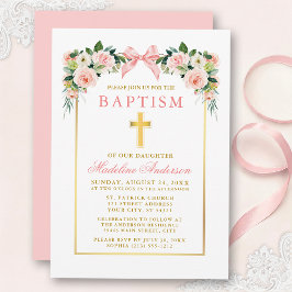 Watercolor Floral Pink Bow Gold Frame Baptism Einladung