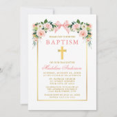 Watercolor Floral Pink Bow Gold Frame Baptism Einladung (Vorderseite)