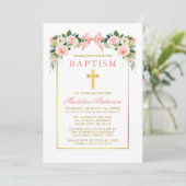 Watercolor Floral Pink Bow Gold Frame Baptism Einladung (Stehend Vorderseite)