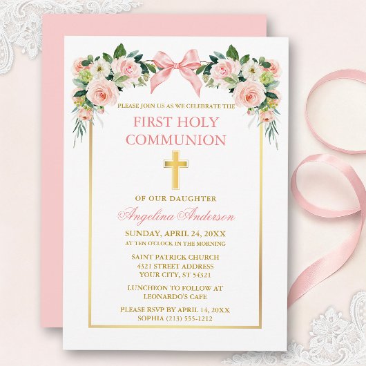 Watercolor Floral Pink Bow Gold Frame Communion Einladung