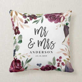 Watercolor floral + Skript Hochzeit Tag Mr & Mrs. Kissen