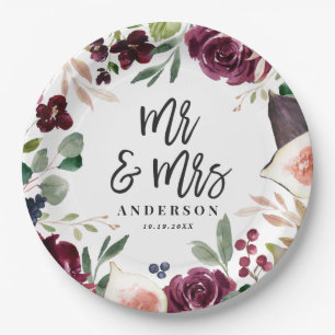 Watercolor floral + Skript Hochzeit Tag Mr & Mrs. Pappteller