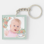 Watercolor Floral Teacup Custom Photo Schlüsselanhänger (Rückseite)