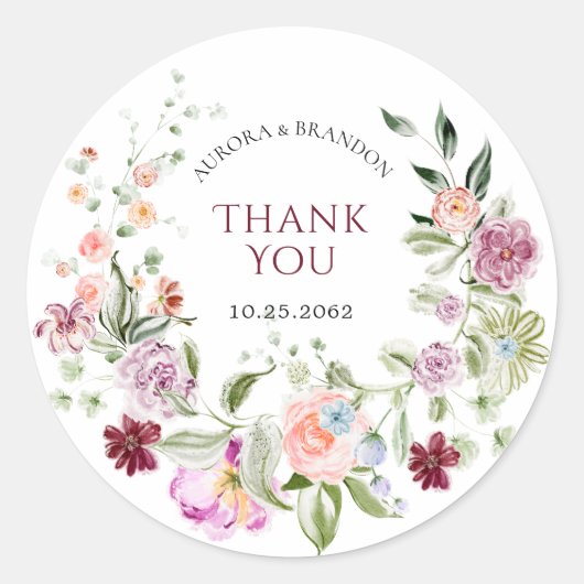 Watercolor Floral Thank You Wedding Favor Sticker (Vorderseite)