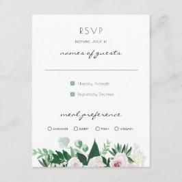 Watercolor Floral White Green Wedding RSVP Karte