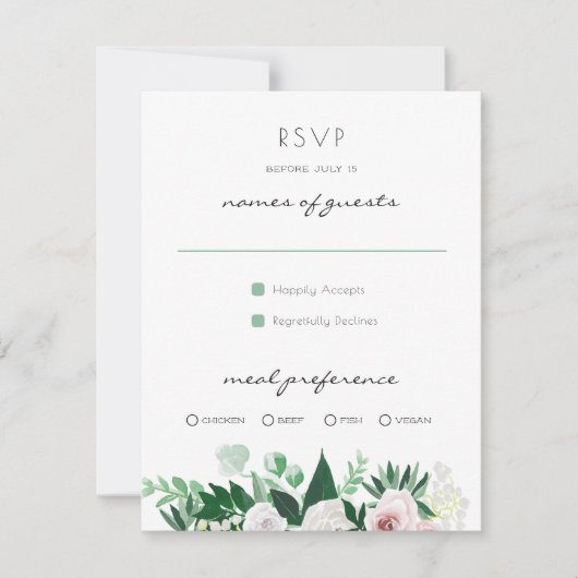 Watercolor Floral White Green Wedding RSVP Karte (Vorderseite)
