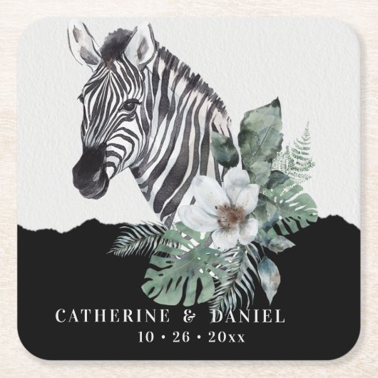 Watercolor Floral Wild Zebra Safari Wedding Rechteckiger Pappuntersetzer (Vorderseite)