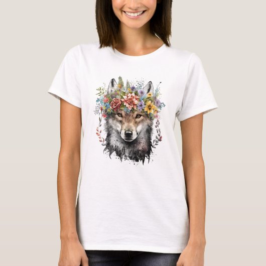 Watercolor Floral Wolf T-Shirt (Vorderseite)