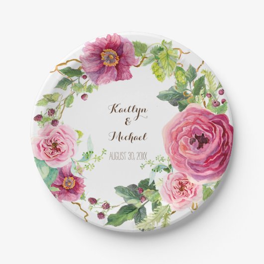 Watercolor Floral Wreath Peony Rose Bridal Shower Pappteller (Vorderseite)