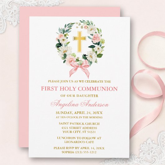 Watercolor Floral Wreath Pink Bow Gold Communion Einladung