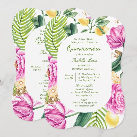 Watercolor Floral Zweisprachige Spanische Quinceañ Einladung (Vorne/Hinten)