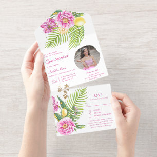 Watercolor Florale Pinkfarbene Pfingstrosen Foto Q All-in-One-Einladung