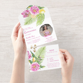 Watercolor Florale Pinkfarbene Pfingstrosen Foto Q All-in-One-Einladung