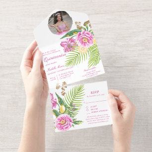 Watercolor Florale Pinkfarbene Pfingstrosen Foto Q All-in-One-Einladung
