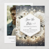 Watercolor Florals White Roses Wedding Save The Date (Vorne/Hinten)