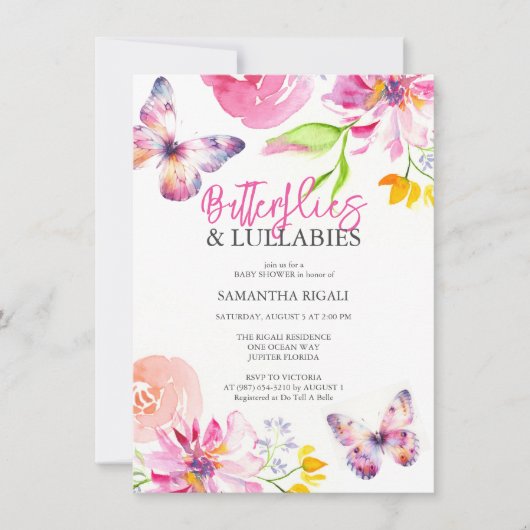 Watercolor Flower Butterfly Baby Shower Invitation Einladung (Vorderseite)