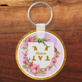 Watercolor Flower Gold Frame | Custom Name Schlüsselanhänger (Vorderseite)