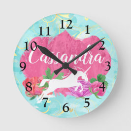 Watercolor Flower Unicorn Pink Blue Girls Name Runde Wanduhr