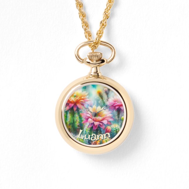Watercolor Flowering Succulent Cacti Personalized Armbanduhr (Vorderseite)