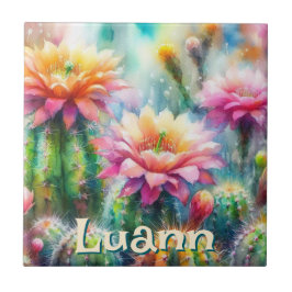 Watercolor Flowering Succulent Cacti Personalized Fliese